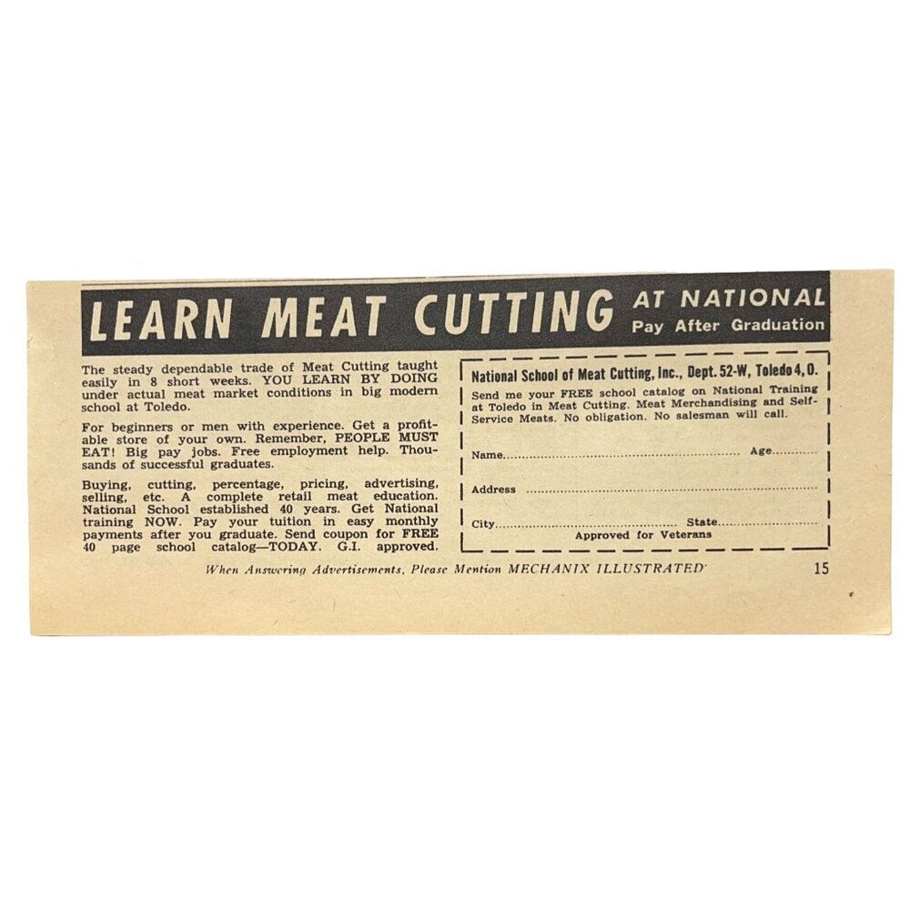National School of Meat Cutting Print Ad Vintage 1963 Toledo Ohio Butcher